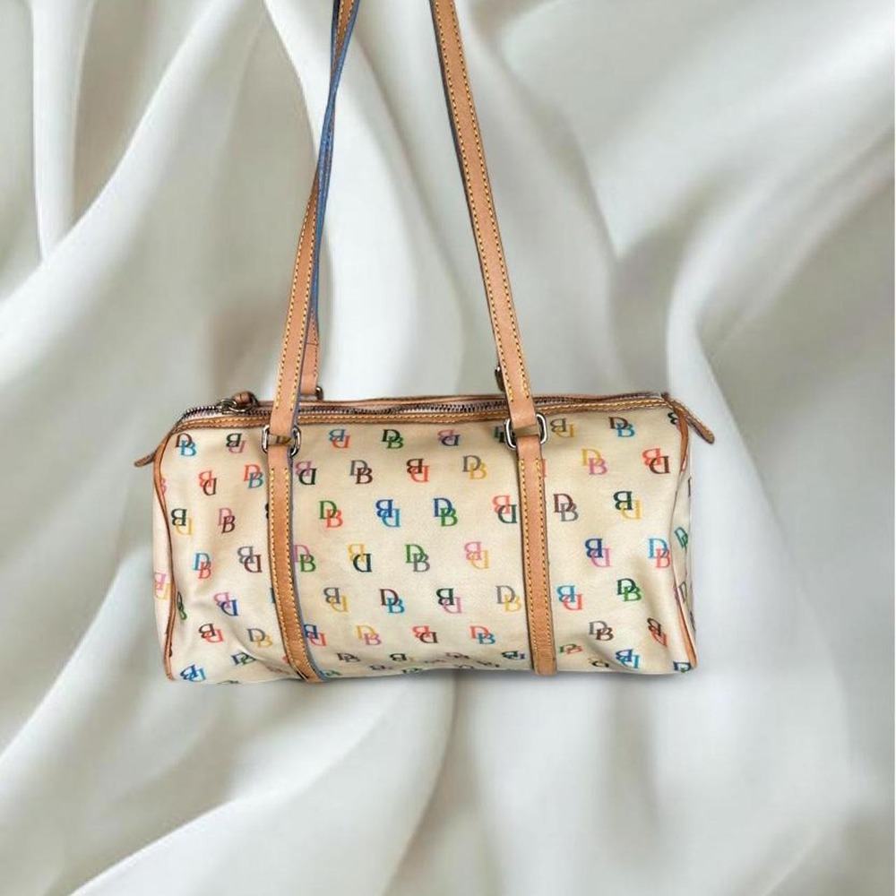 Dooney & Bourke rainbow monogram barrel bag tan leather trim y2k mcbling